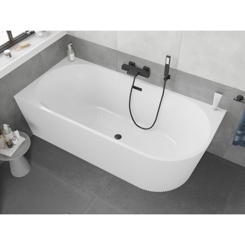 Mexen Silo vasca da bagno indipendente angolare sinistra con scanalature 150 x 75 cm, bianca, troppopieno nero - 52891507500L-70