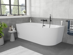 Mexen Silo freestanding corner left ribbed bath 150 x 75 cm, white, black overflow - 52891507500L-70