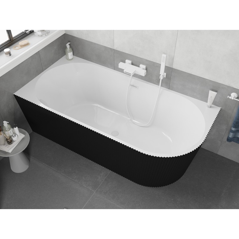 Mexen Silo wanna wolnostojąca narożna lewa ryflowana  150 x 75 cm, biała/czarna, przelew biały- 52891507575L-20