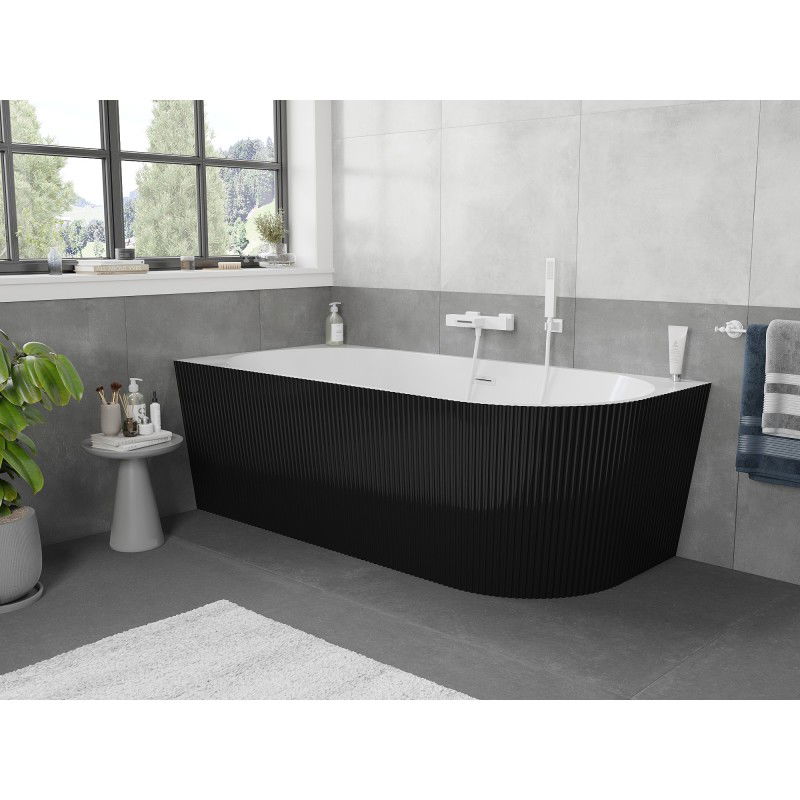 Mexen Silo freistehende Eckbadewanne links gerillt 150 x 75 cm, weiß/schwarz, Überlauf weiß- 52891507575L-20