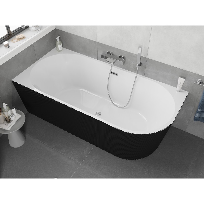 Mexen Silo wanna wolnostojąca narożna lewa ryflowana  150 x 75 cm, biała/czarna, przelew chrom - 52891507575L-01