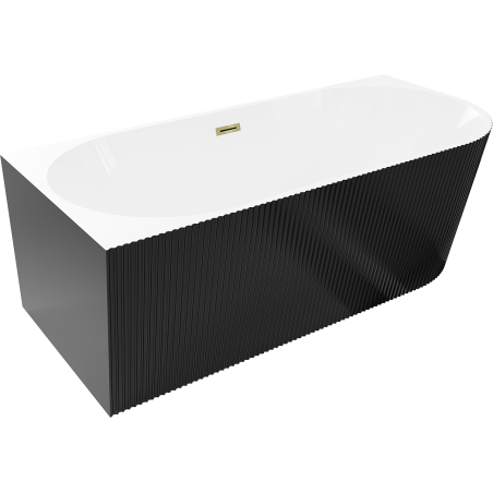 Mexen Silo vasca da bagno freestanding ad angolo sinistra scanalata 150 x 75 cm, bianca/nera, troppopieno dorato