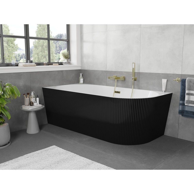 Mexen Silo wanna wolnostojąca narożna lewa ryflowana  150 x 75 cm, biała/czarna, przelew złoty- 52891507575L-50