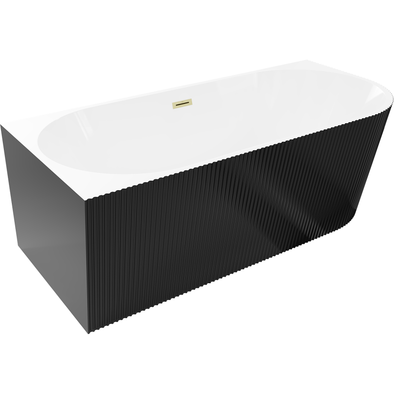 Mexen Silo freestanding corner bath left fluted 150 x 75 cm, white/black, brushed gold overflow - 52891507575L-55