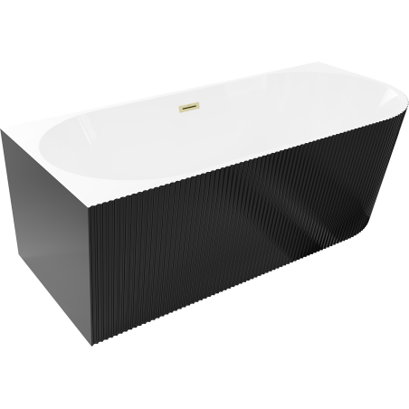 Mexen Silo freestanding corner left fluted bathtub 150 x 75 cm, white/black, brushed gold overflow - 52891507575L-55