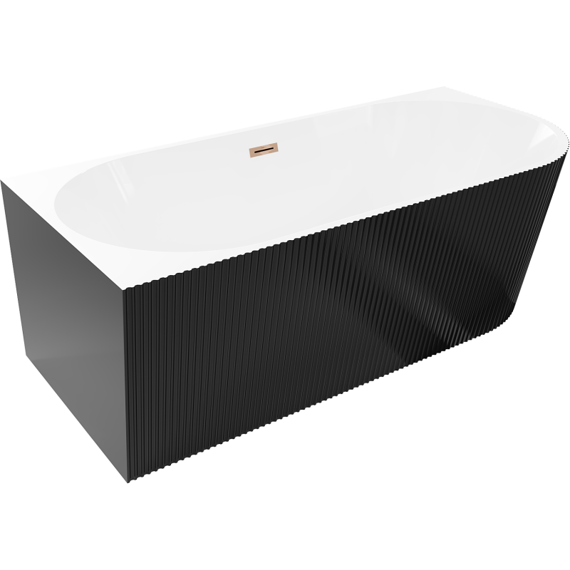 Mexen Silo freestanding corner left ribbed bath 150 x 75 cm, white/black, rose gold overflow - 52891507575L-60