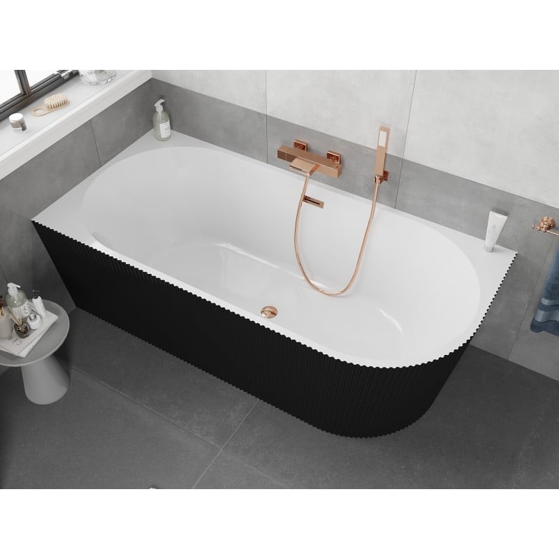 Mexen Silo freistehende Eckbadewanne links geriffelt 150 x 75 cm, weiß/schwarz, Überlauf Roségold - 52891507575L-60