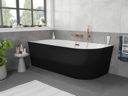 Mexen Silo vasca da bagno angolare sinistra a libera installazione 150 x 75 cm, bianca/nera, troppopieno oro rosa