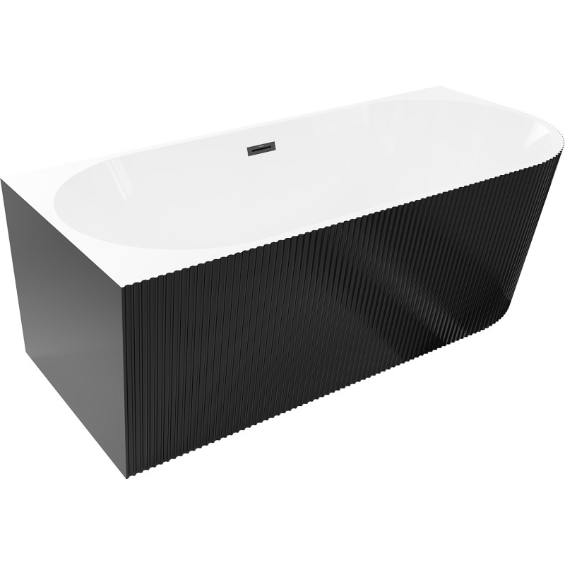 Mexen Silo vasca da bagno freestanding angolare sinistra scanalata 150 x 75 cm, bianca/nera, troppopieno nero - 52891507575L-70