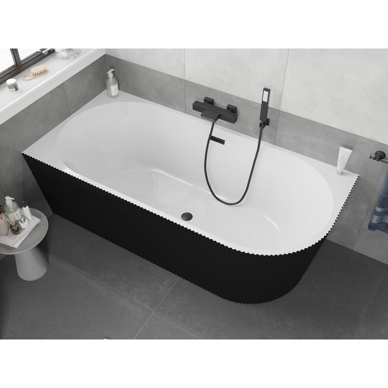 Mexen Silo wanna wolnostojąca narożna lewa ryflowana  150 x 75 cm, biała/czarna, przelew czarny - 52891507575L-70