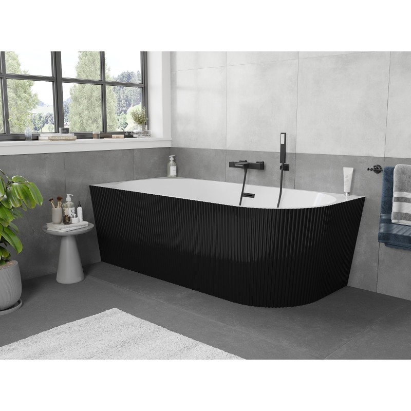 Mexen Silo wanna wolnostojąca narożna lewa ryflowana  150 x 75 cm, biała/czarna, przelew czarny - 52891507575L-70