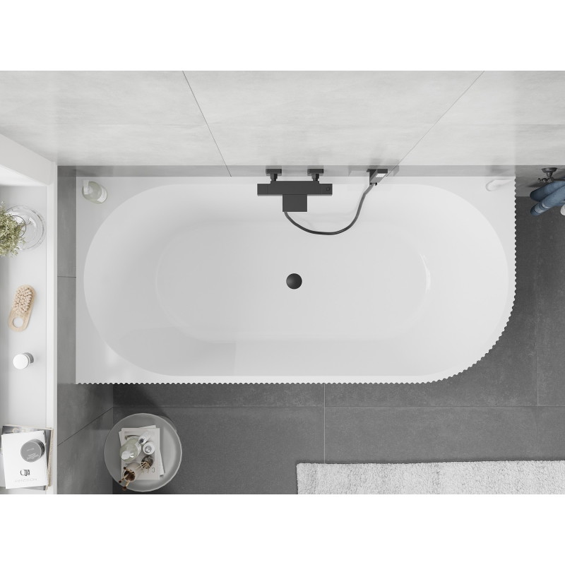Mexen Silo vasca da bagno freestanding angolare sinistra scanalata 150 x 75 cm, bianca/nera, troppopieno nero - 52891507575L-70