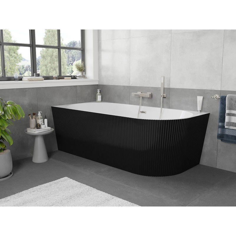 Mexen Silo vasca da bagno freestanding angolare sinistra scanalata 150 x 75 cm, bianca/nera, troppo pieno nichel spazzolato