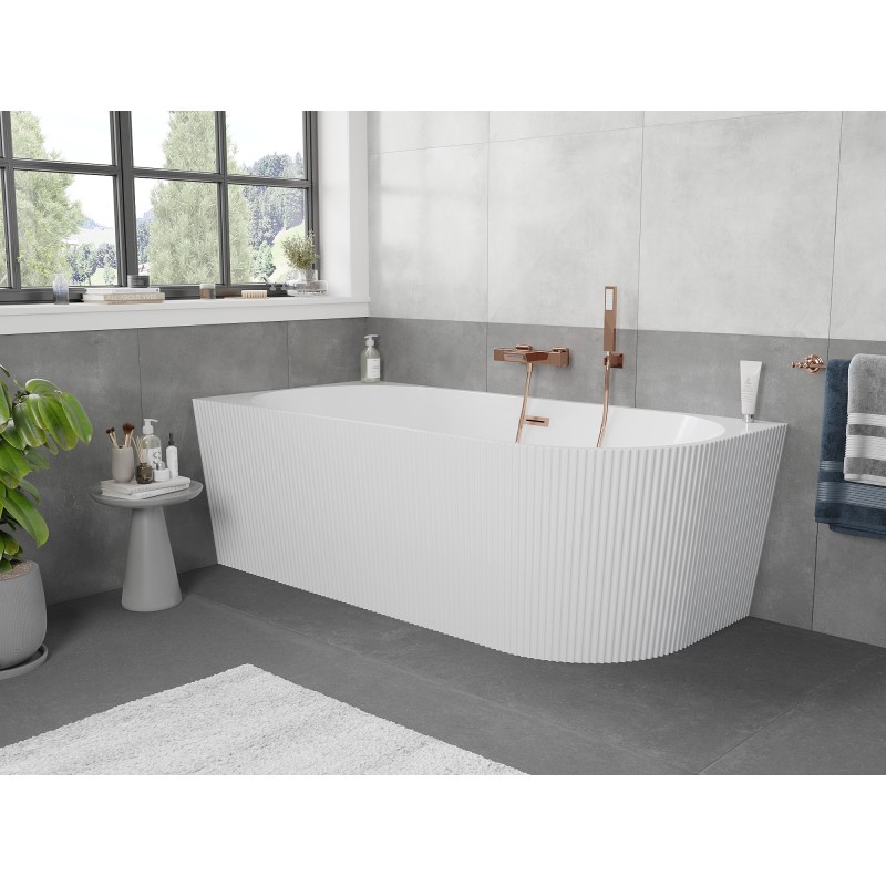 Mexen Silo wanna wolnostojąca narożna lewa ryflowana  170 x 80 cm, biała, przelew miedź szczotkowana - 52891708000L-65