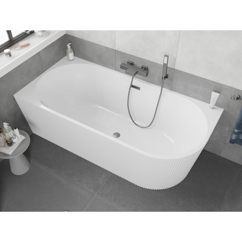 Mexen Silo vasca da bagno indipendente angolare sinistra scanalata 170 x 80 cm, bianca, troppo pieno grigio canna di fucile