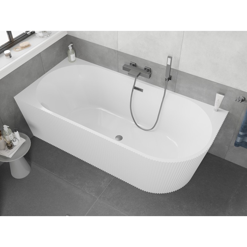 Mexen Silo wanna wolnostojąca narożna lewa ryflowana  170 x 80 cm, biała, przelew gun gray szczotkowany - 52891708000L-66