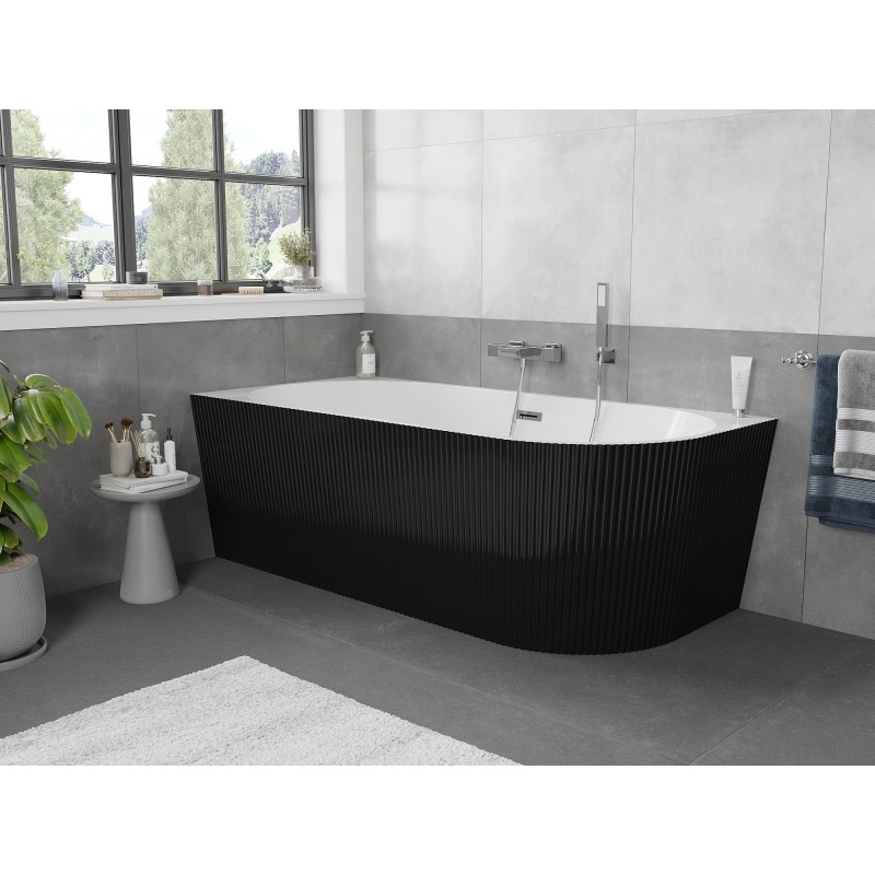 Mexen Silo wanna wolnostojąca narożna lewa ryflowana  170 x 80 cm, biała/czarna, przelew chrom - 52891708075L-01