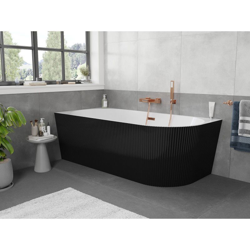 Mexen Silo vasca da bagno ad angolo sinistra freestanding rifinita 170 x 80 cm, bianca/nera, con troppo pieno oro rosa