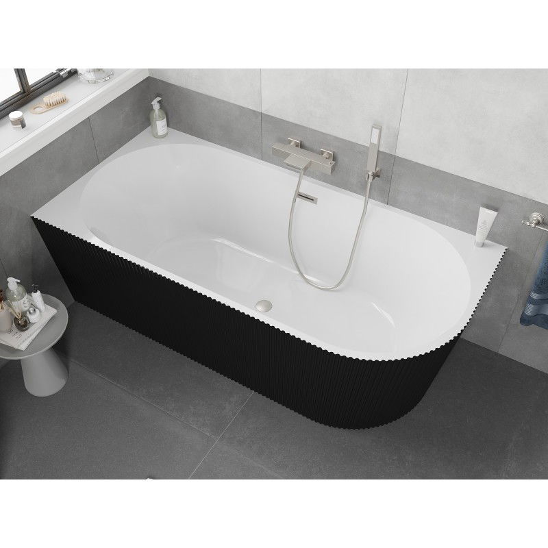 Mexen Silo vasca da bagno freestanding angolare sinistra scanalata 170 x 80 cm, bianca/nera, troppopieno in nichel spazzolato