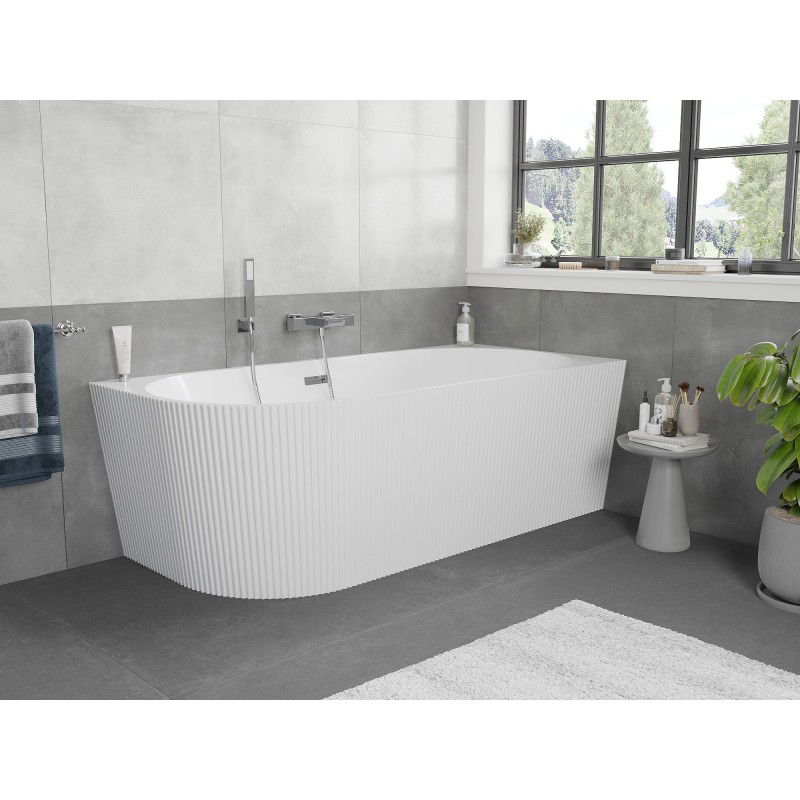 Mexen Silo freestanding corner bathtub right fluted 150 x 75 cm, white, chrome overflow - 52891507500P-01