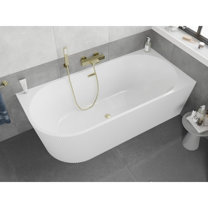 Mexen Silo freestanding corner right ribbed bathtub 150 x 75 cm, white, brushed gold overflow - 52891507500P-55