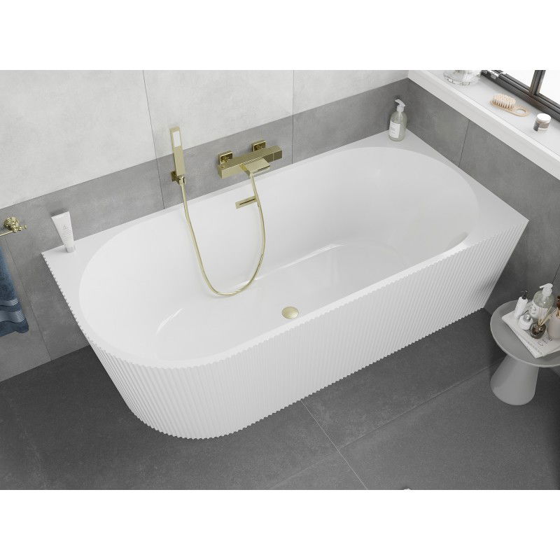 Mexen Silo vasca da bagno freestanding angolare destra rigata 150 x 75 cm, bianca, troppopieno oro spazzolato - 52891507500P-55