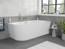 Mexen Silo vasca da bagno freestanding angolare destra scanalata 150 x 75 cm, bianca, troppo pieno dorato spazzolato