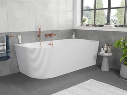 Mexen Silo freistehende Eckbadewanne rechts geriffelt 150 x 75 cm, weiß, Überlauf gebürstetes Kupfer - 52891507500P-65