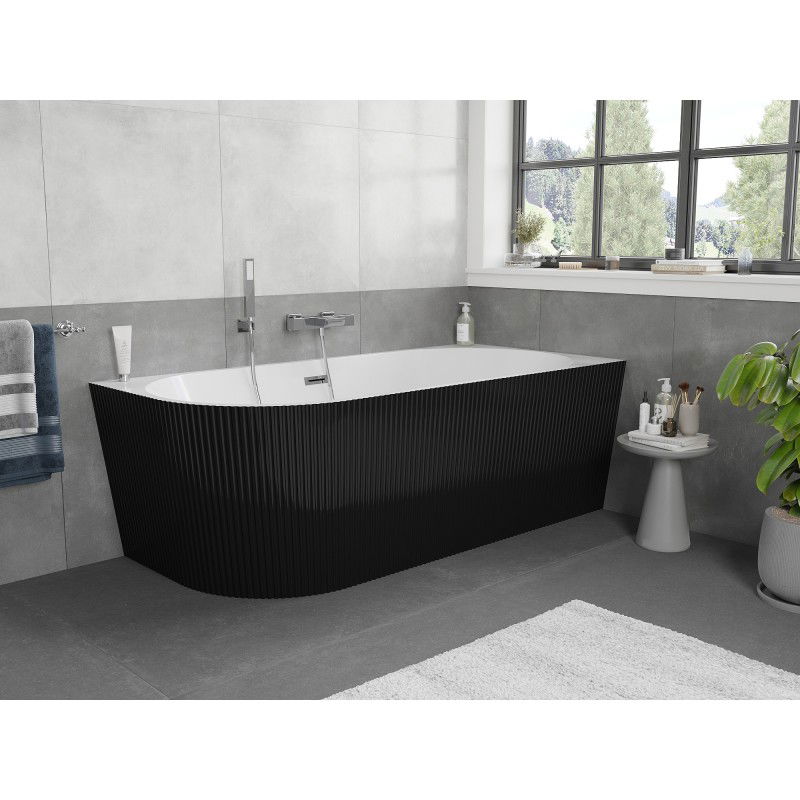 Mexen Silo vasca da bagno freestanding angolare destra rigata 150 x 75 cm, bianca/nera, troppopieno cromo - 52891507575P-01