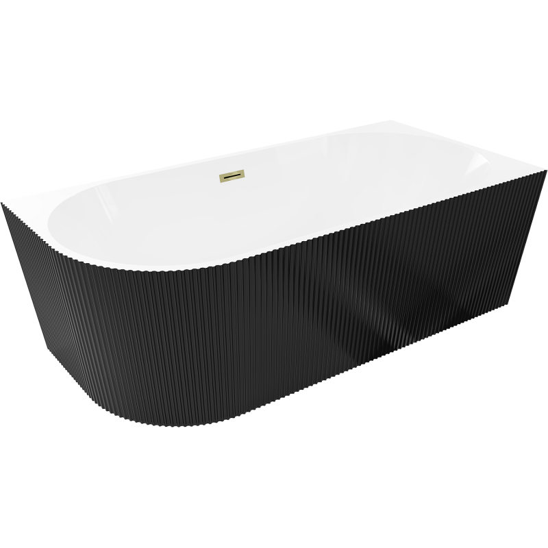 Mexen Silo vasca da bagno autoportante angolare destra scanalata 150 x 75 cm, bianca/nera, troppopieno dorato - 52891507575P-50