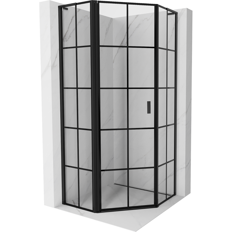 Mexen Mist L Fünfeck-Duschkabine, klappbar, links 90 x 90 cm, schwarzes Gitter, schwarz - 8A8L-090-090-70-77-L
