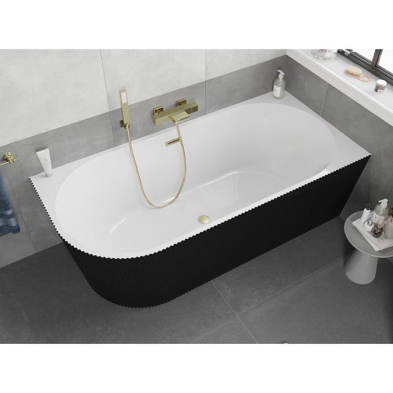 Mexen Silo vasca da bagno freestanding angolare destra rigata 150 x 75 cm, bianca/nera, troppopieno oro spazzolato