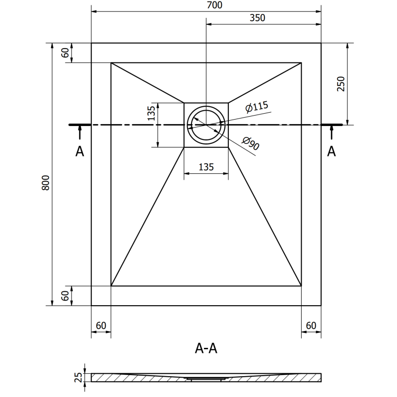 Mexen Stone+ rechthoekige composiet douchebak 80 x 70 cm, wit - 44107080