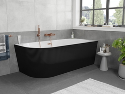 Mexen Silo freistehende Eckbadewanne rechts geriffelt 150 x 75 cm, weiß/schwarz, Überlauf gebürstetes Kupfer - 52891507575P-65
