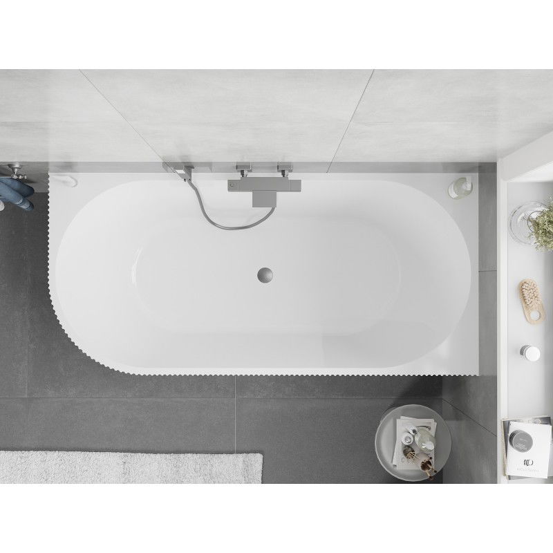 Mexen Silo vasca da bagno freestanding angolare destra rigata 150 x 75 cm, bianca/nera, troppo pieno gun gray spazzolato