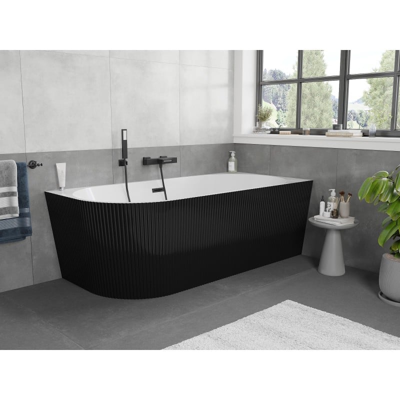 Mexen Silo vasca da bagno indipendente angolare destra scanalata 150 x 75 cm, bianca/nera, troppopieno nero - 52891507575P-70