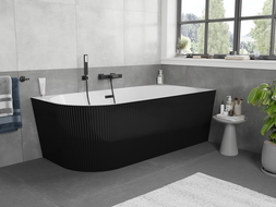 Mexen Silo freistehende Eckbadewanne rechts geriffelt 150 x 75 cm, weiß/schwarz, Überlauf schwarz - 52891507575P-70