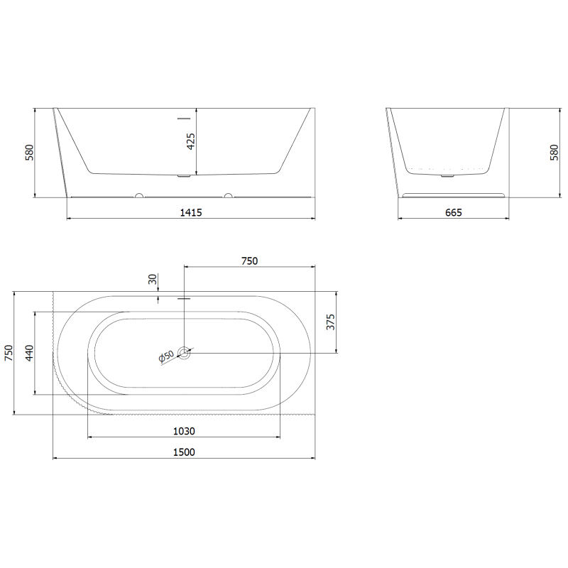 Mexen Silo vasca da bagno freestanding angolare destro rigata 150 x 75 cm, bianca/nera, troppopieno gun metal - 52891507575P-95
