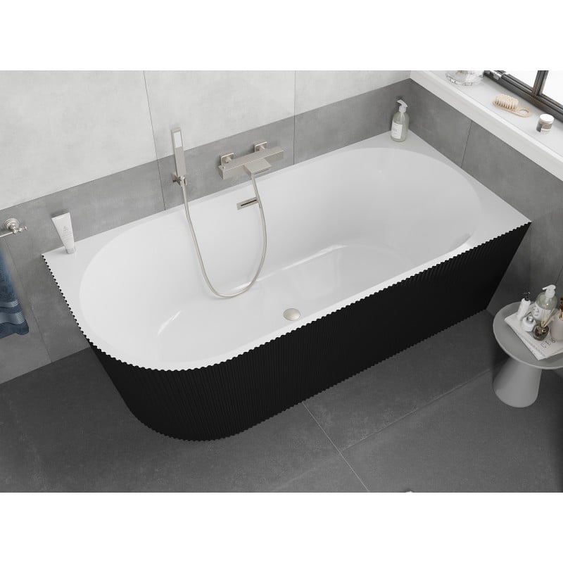 Mexen Silo freistehende Eckbadewanne rechts geriffelt 150 x 75 cm, weiß/schwarz, Überlauf gebürsteter Nickel - 52891507575P-97