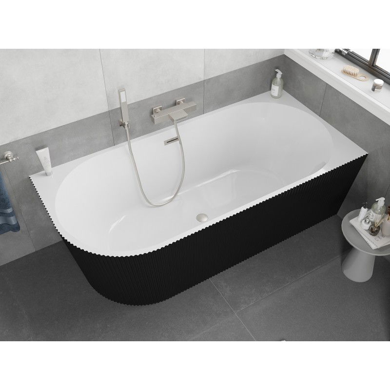 Mexen Silo Freistehende Eckbadewanne rechts geriffelt 150 x 75 cm, weiß/schwarz, Überlauf gebürstetes Nickel