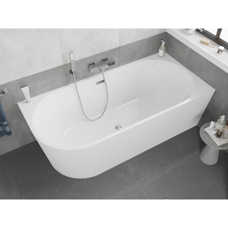 Mexen Silo vasca da bagno freestanding angolare destra rigata 170 x 80 cm, bianca, troppopieno cromato - 52891708000P-01