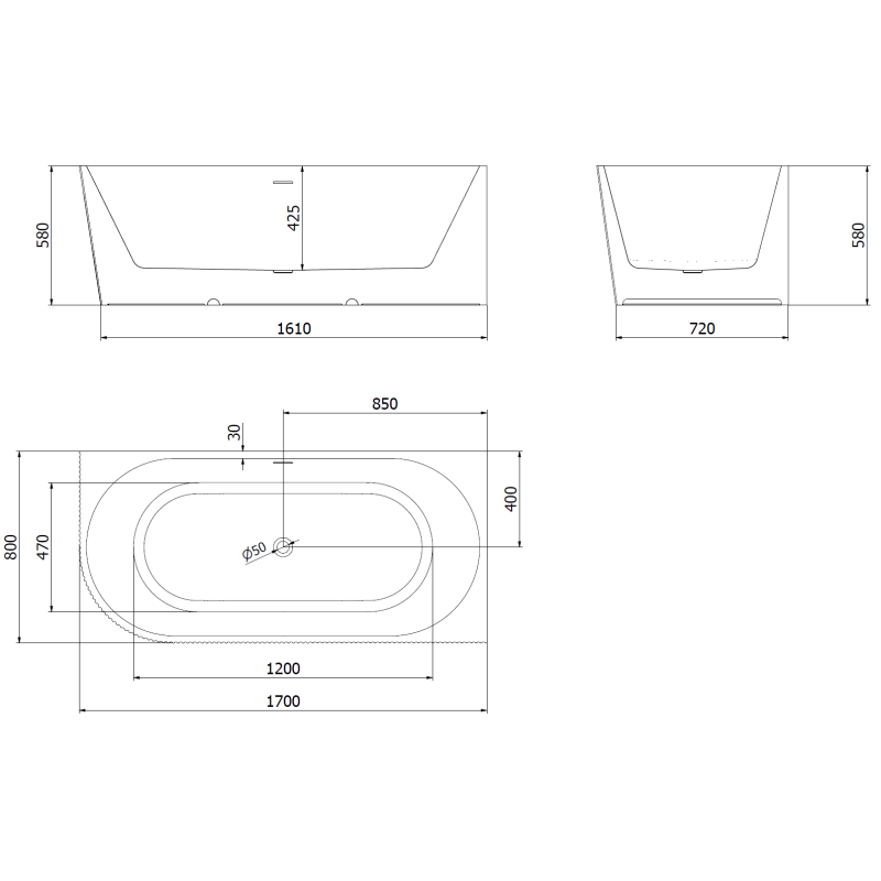 Mexen Silo freestanding corner-right ribbed bath 170 x 80 cm, white, chrome overflow - 52891708000P-01