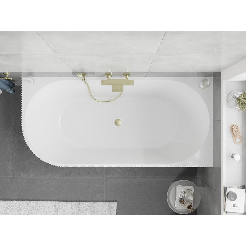 Mexen Silo vasca da bagno freestanding angolare destra scanalata 170 x 80 cm, bianca, troppopieno dorato spazzolato