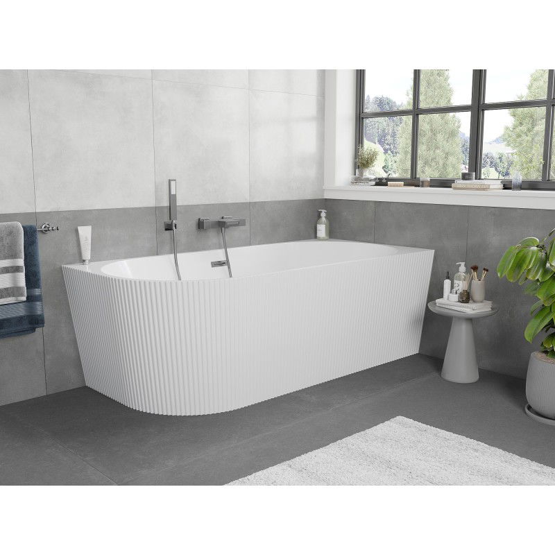Mexen Silo vasca da bagno autoportante ad angolo destro scanalata 170 x 80 cm, bianca, troppopieno grigio canna spazzolato