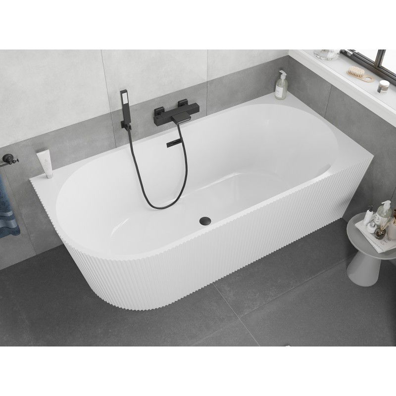 Mexen Silo vasca da bagno indipendente angolare destra rigata 170 x 80 cm, bianca, troppopieno nero - 52891708000P-70