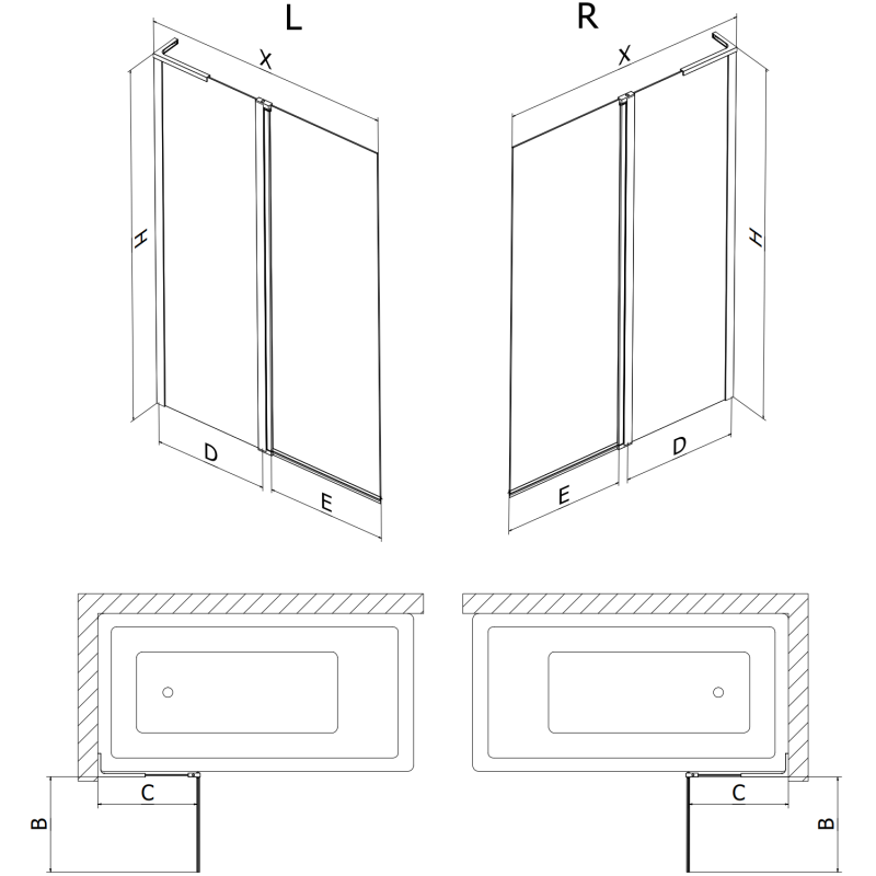 Mexen Mist L badscherm 2-delig, rechts 120 x 150 cm, zwart raster, zwart - 8A9L-120-011-70-77-P