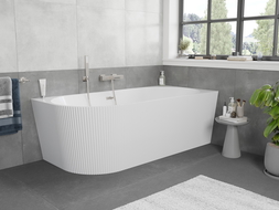 Mexen Silo vasca da bagno freestanding angolare destra scanalata 170 x 80 cm, bianca, troppo pieno in nichel spazzolato