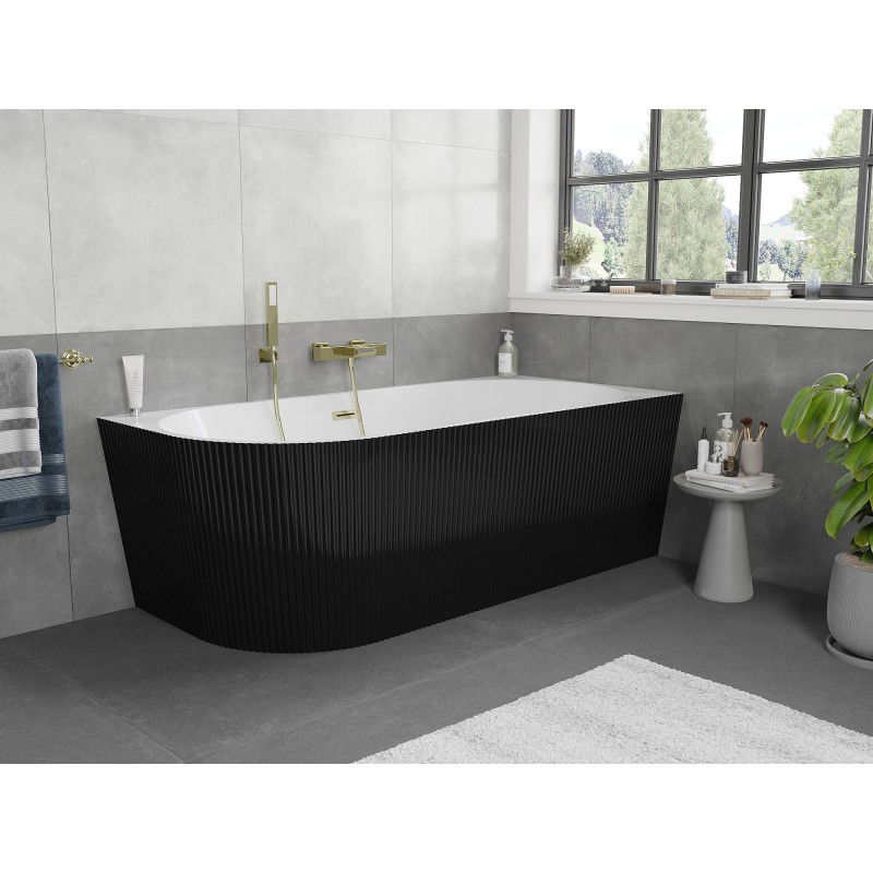 Mexen Silo freistehende Eckbadewanne rechts geriffelt 170 x 80 cm, weiß/schwarz, Überlauf gold gebürstet - 52891708075P-55