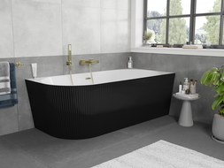 Mexen Silo vasca da bagno freestanding ad angolo destro rigata 170 x 80 cm, bianca/nera, troppo pieno oro spazzolato