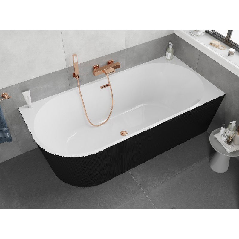 Mexen Silo freistehende Eckbadewanne rechts geriffelt 170 x 80 cm, weiß/schwarz, Überlauf Roségold - 52891708075P-60